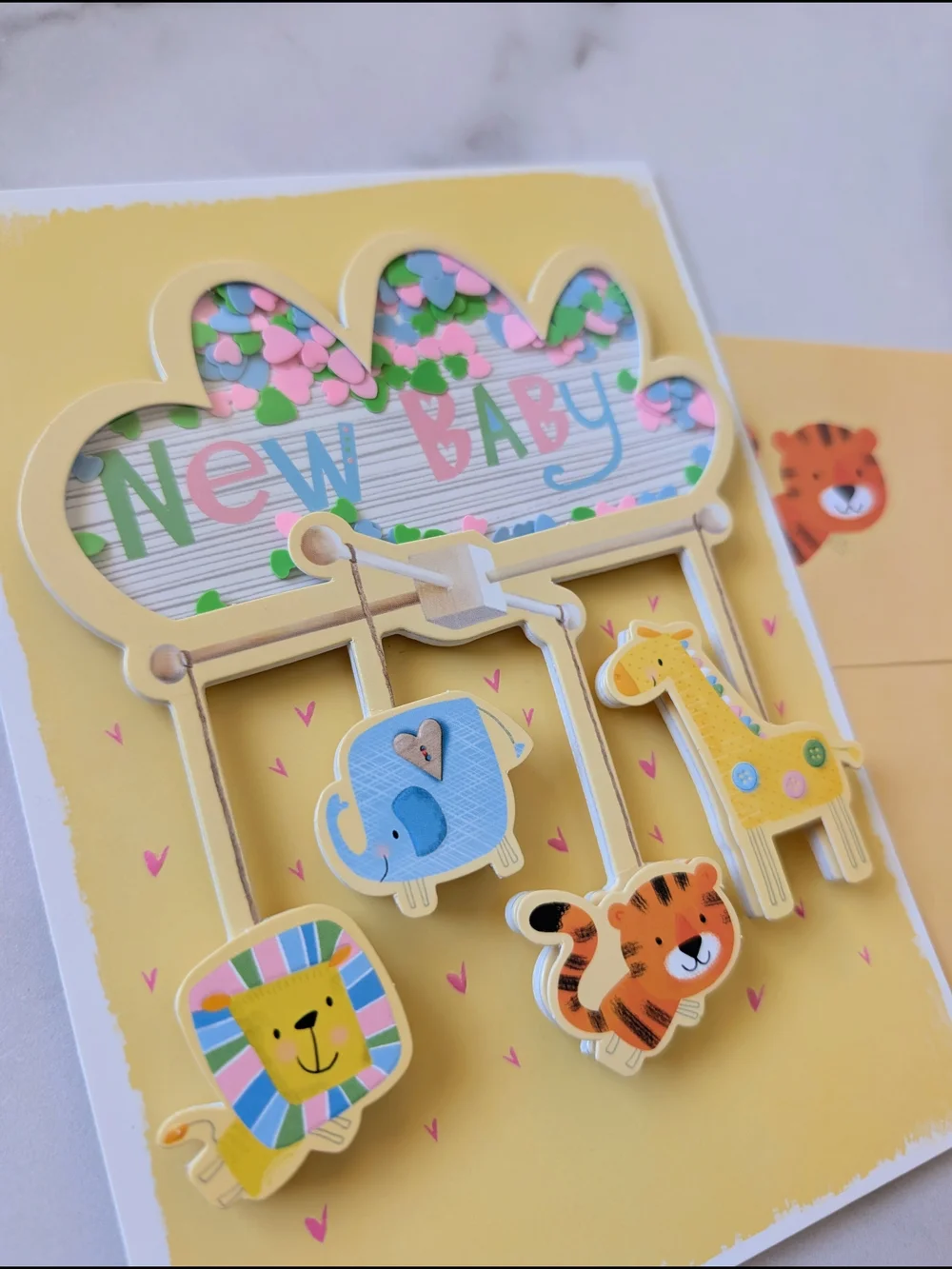 New Baby Yellow Baby Shower Card with Animal Mobile
